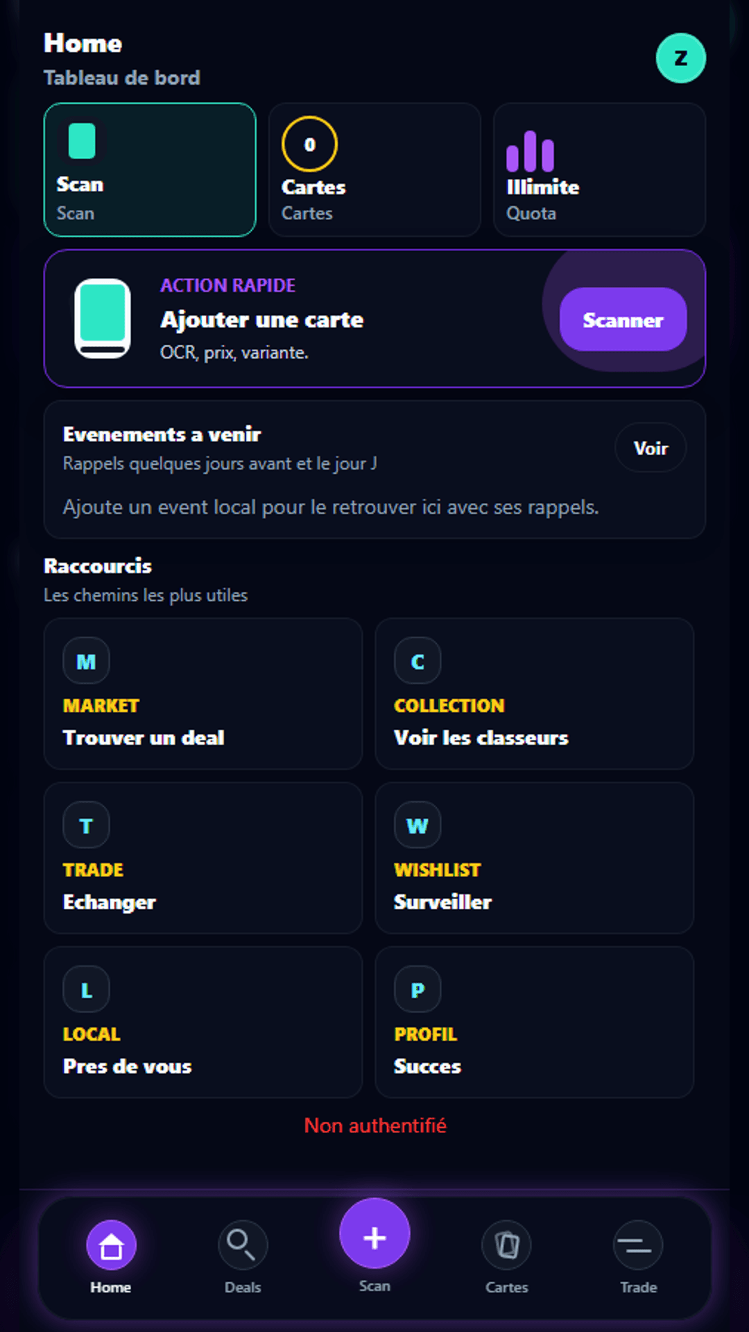 Tableau de bord mobile TCG Pocket